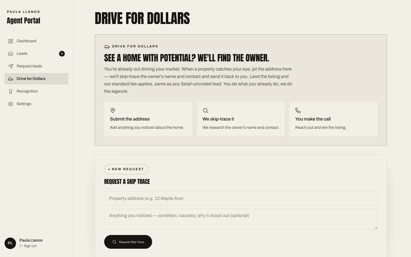 The Selah agent portal — Drive for Dollars (lead identities blurred)