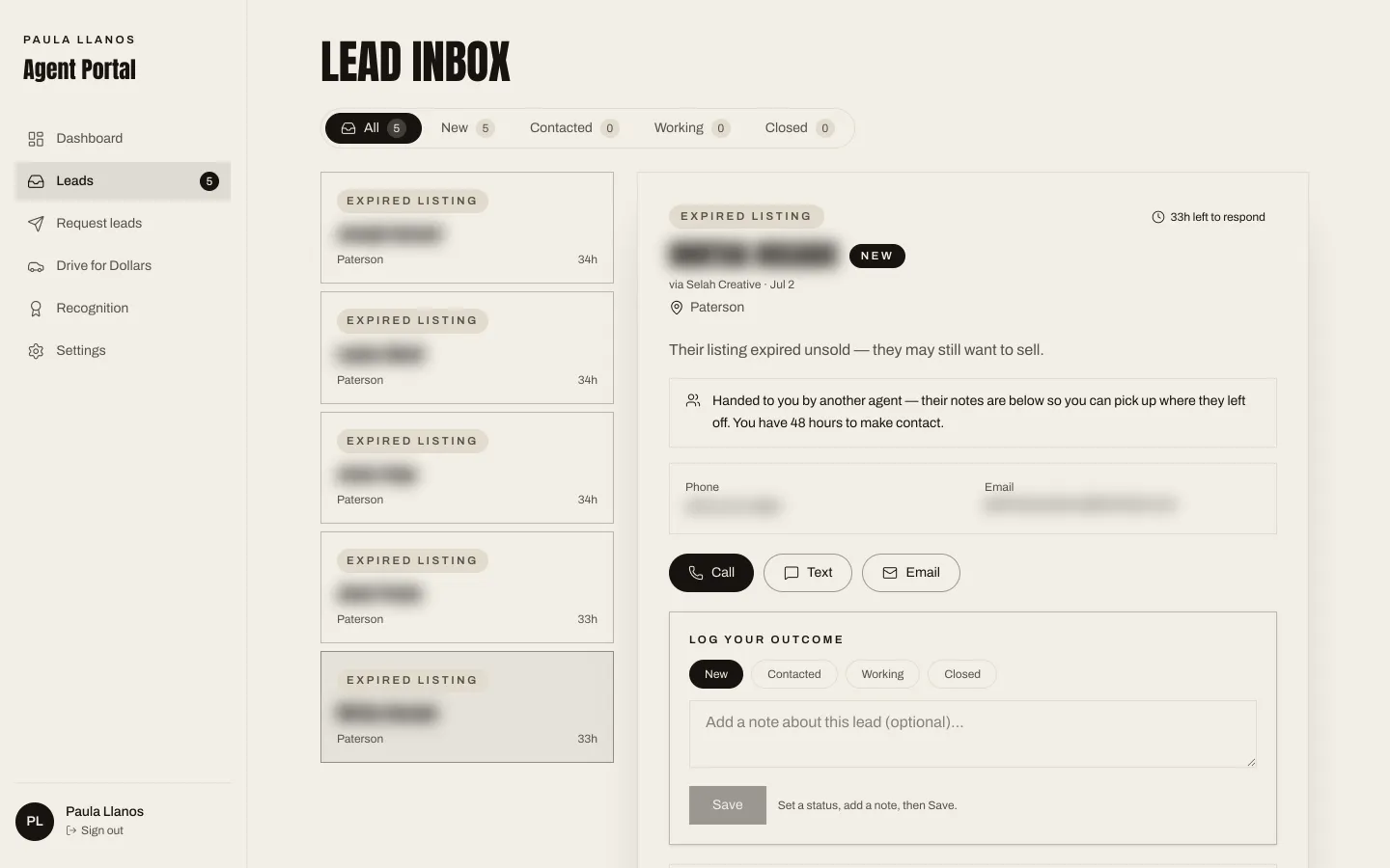 The Selah agent portal — The lead inbox (lead identities blurred)