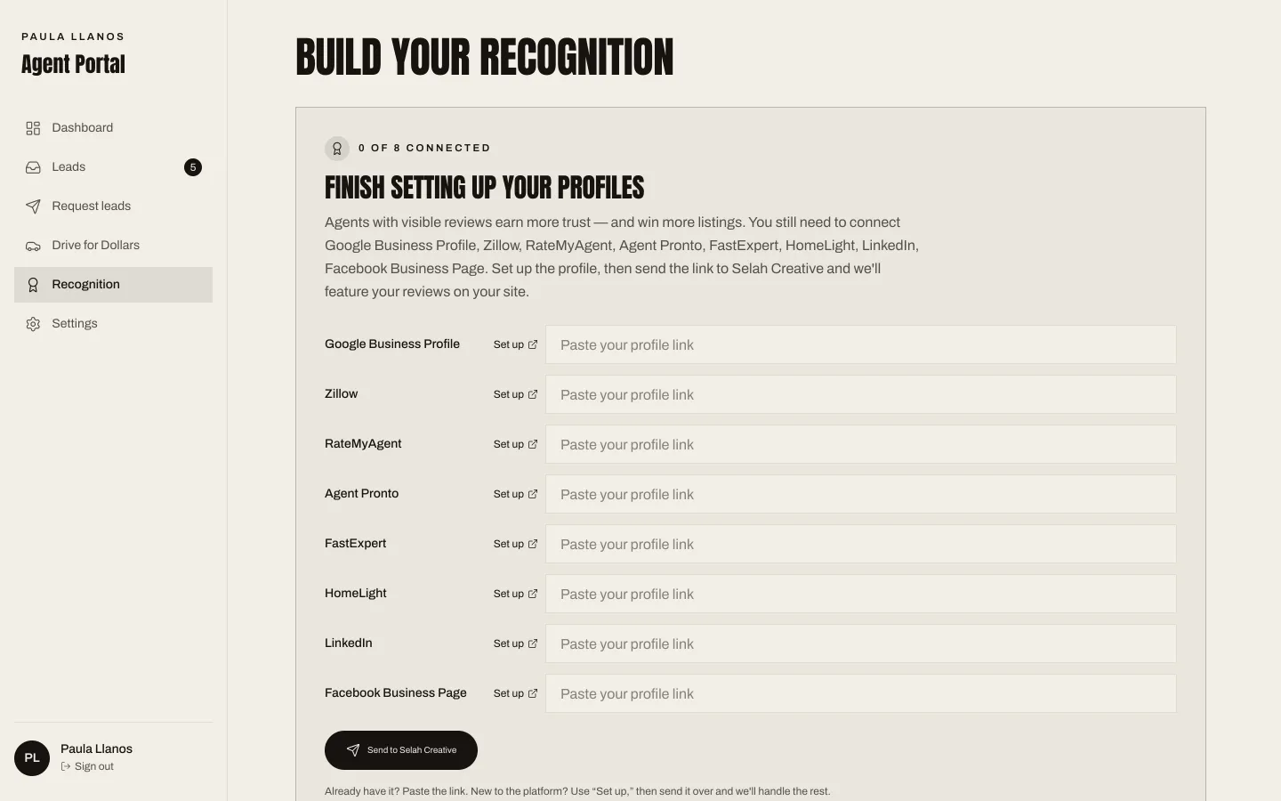 The Selah agent portal — Recognition (lead identities blurred)