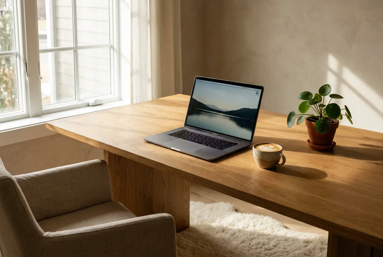 A calm, sunlit workspace